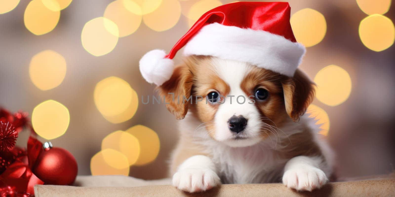 Adorable dog wearing Santa hats at room decorated for Christmas comeliness