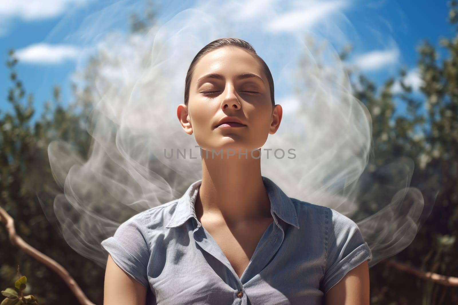 Serene girl meditating and practicing deep breathing in the midst of nature's beauty by Yurich32