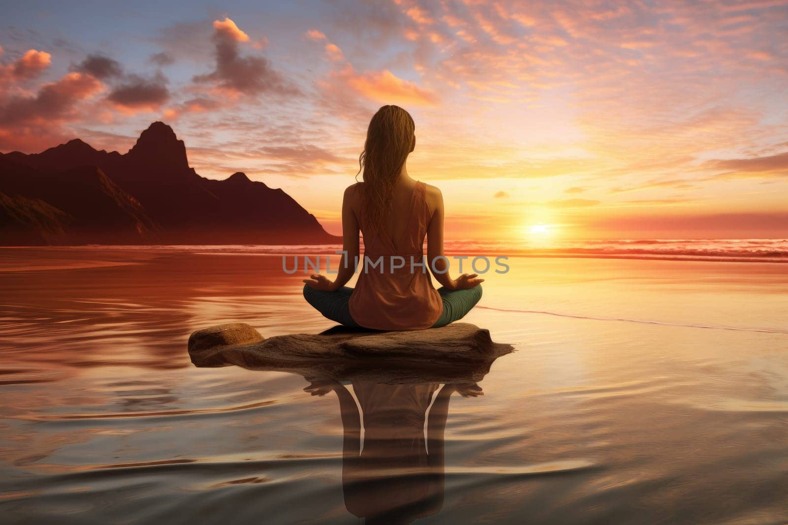 Silhouette of a person practicing yoga at sunset, creating a calm and serene atmosphere for meditation. The vibrant colors of the sky add to the peaceful ambiance.