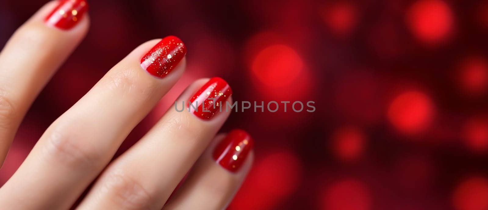 Banner Closeup Female Hands with Red Nails, Manicure Design for Christmas Or St Valentine's Day. Copy Space for Text. Beautiful Nail Polish for New Year Eve on Red Sparkling Background. AI Generated.