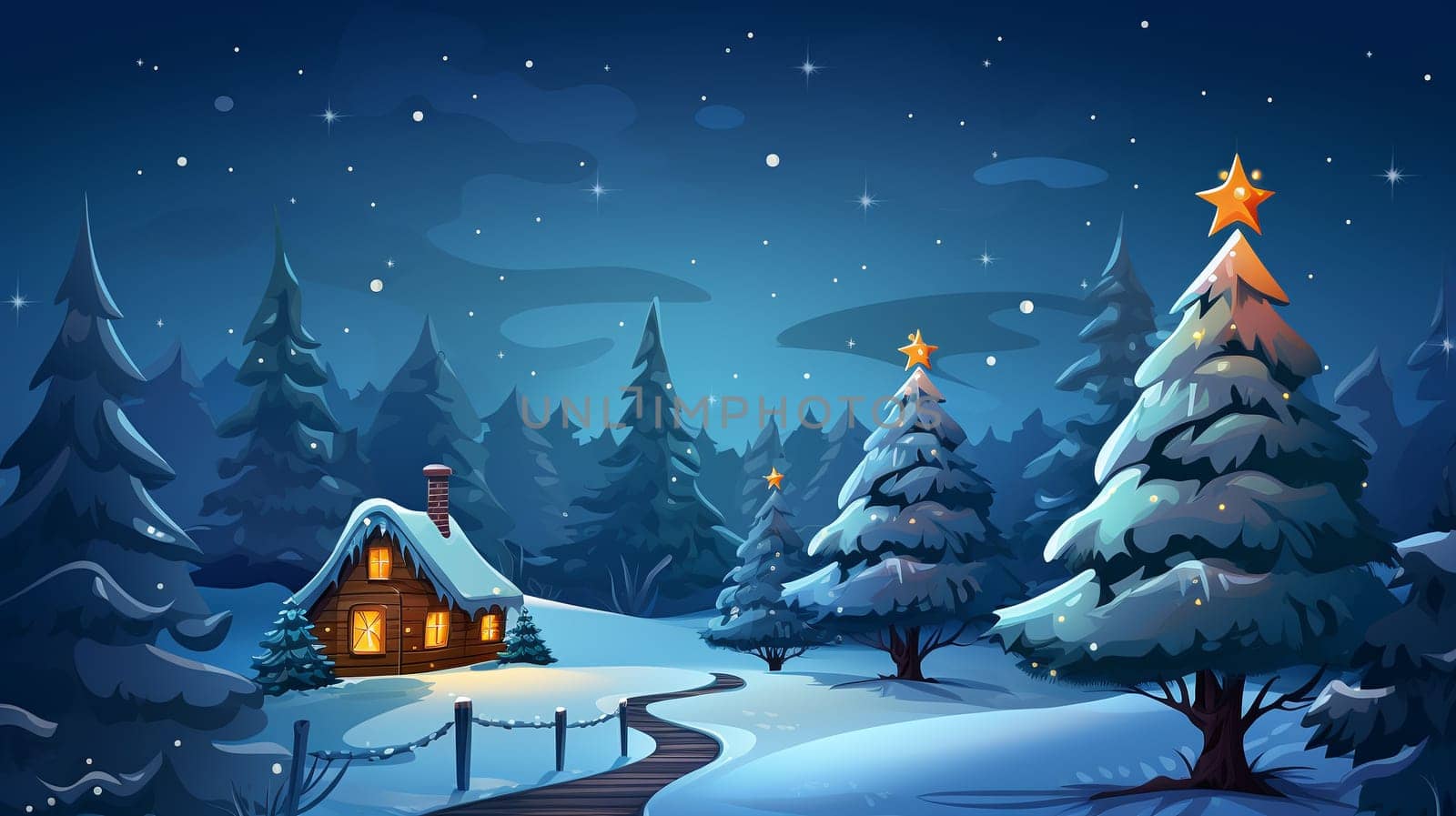 In the wintry night, a quaint log cabin is lit up like a beacon, surrounded by snow-covered firs - AI Generative