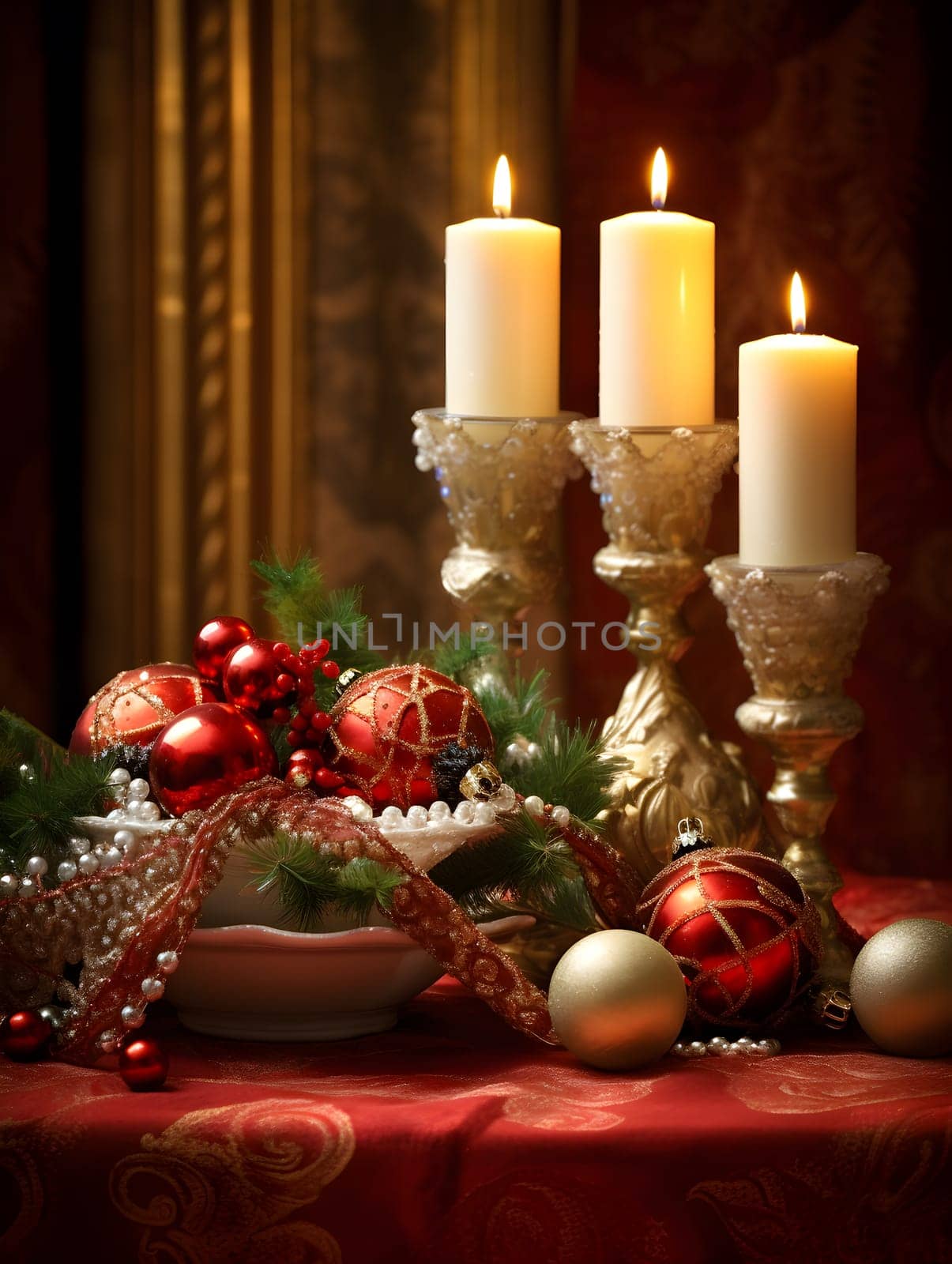 A festive holiday table setting, with sparkling candles and red ornaments. The lighting is warm and inviting, and the objects on the table are arranged with an artistic flair - AI Generative