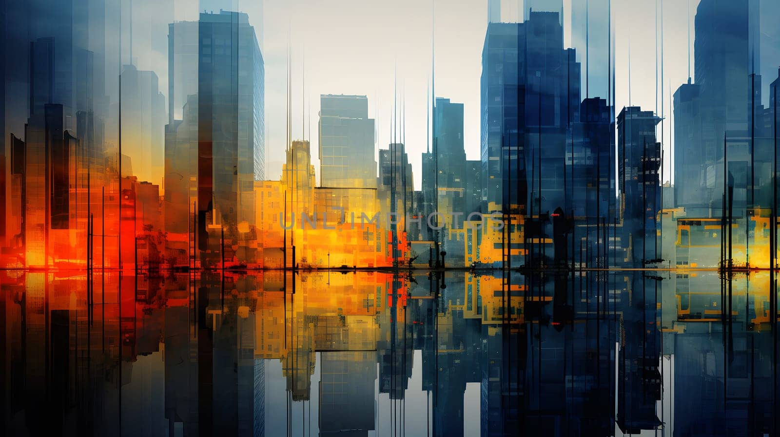 colored abstract city skyline with reflection - modern digital painting - generative AI by chrisroll