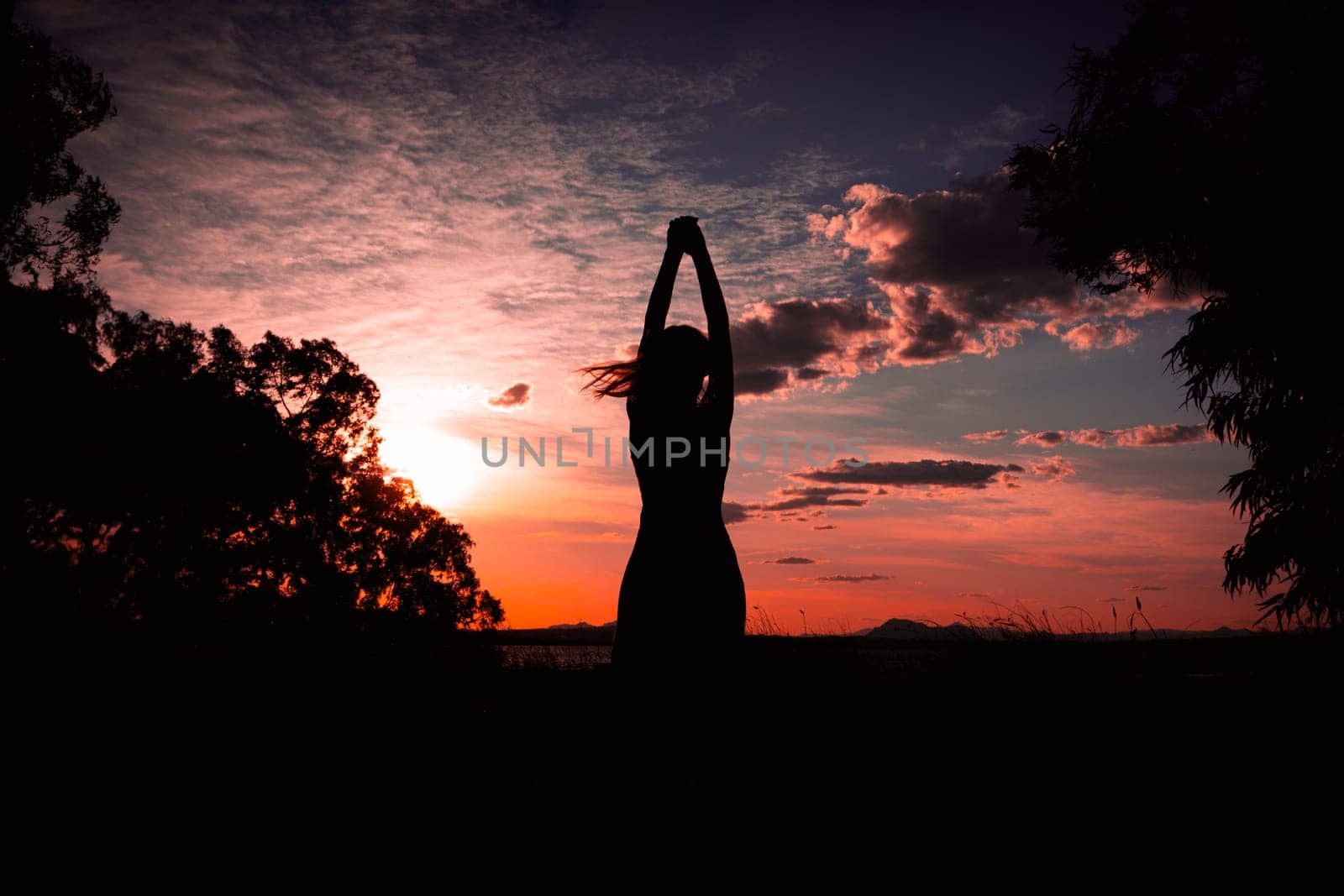 silhouette of a sports girl in a dress in nature the girl looks at the sunset concept of freedom by PopOff