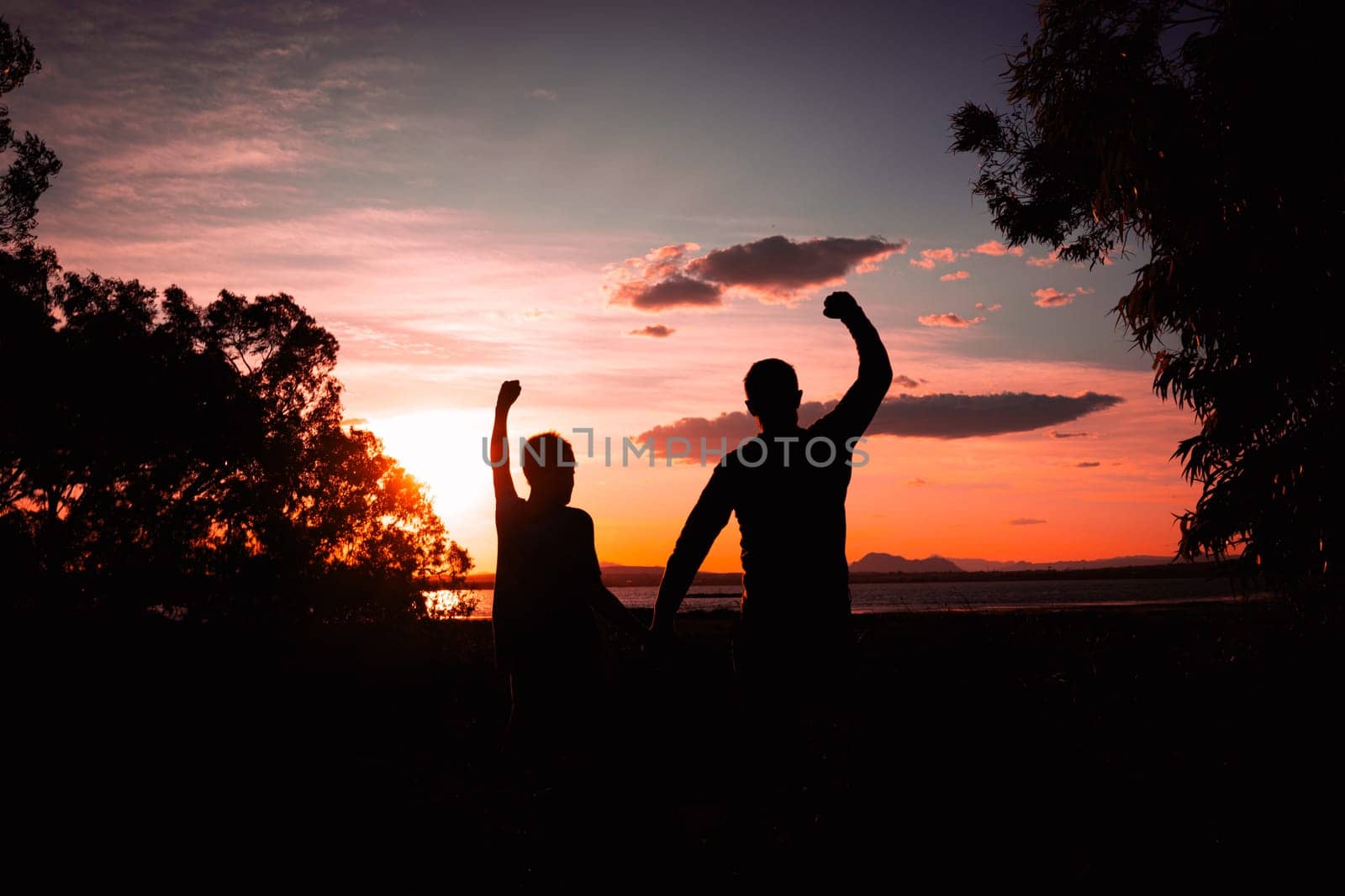 silhouette of father and son against nature background with raised hands, concept of family and success, close-up with space for inscription. High quality photo