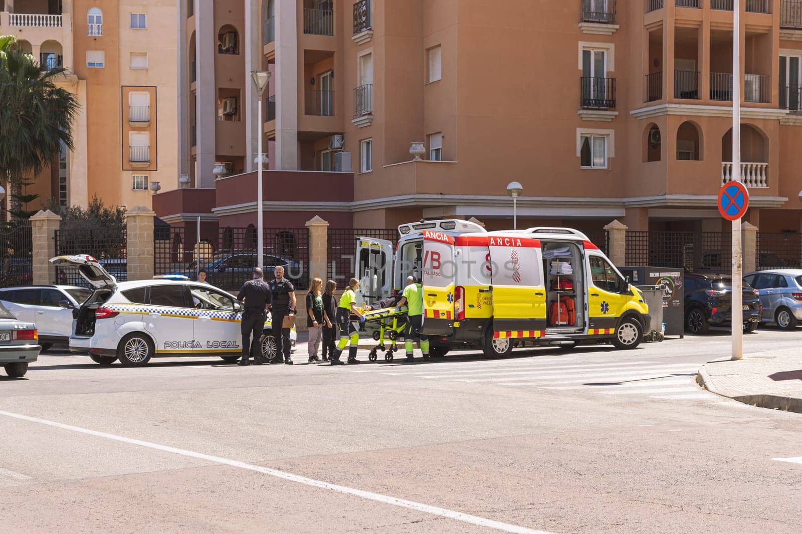 Accident in Spain, Torrevieja May 28, 2023, police car and ambulance on the road by PopOff