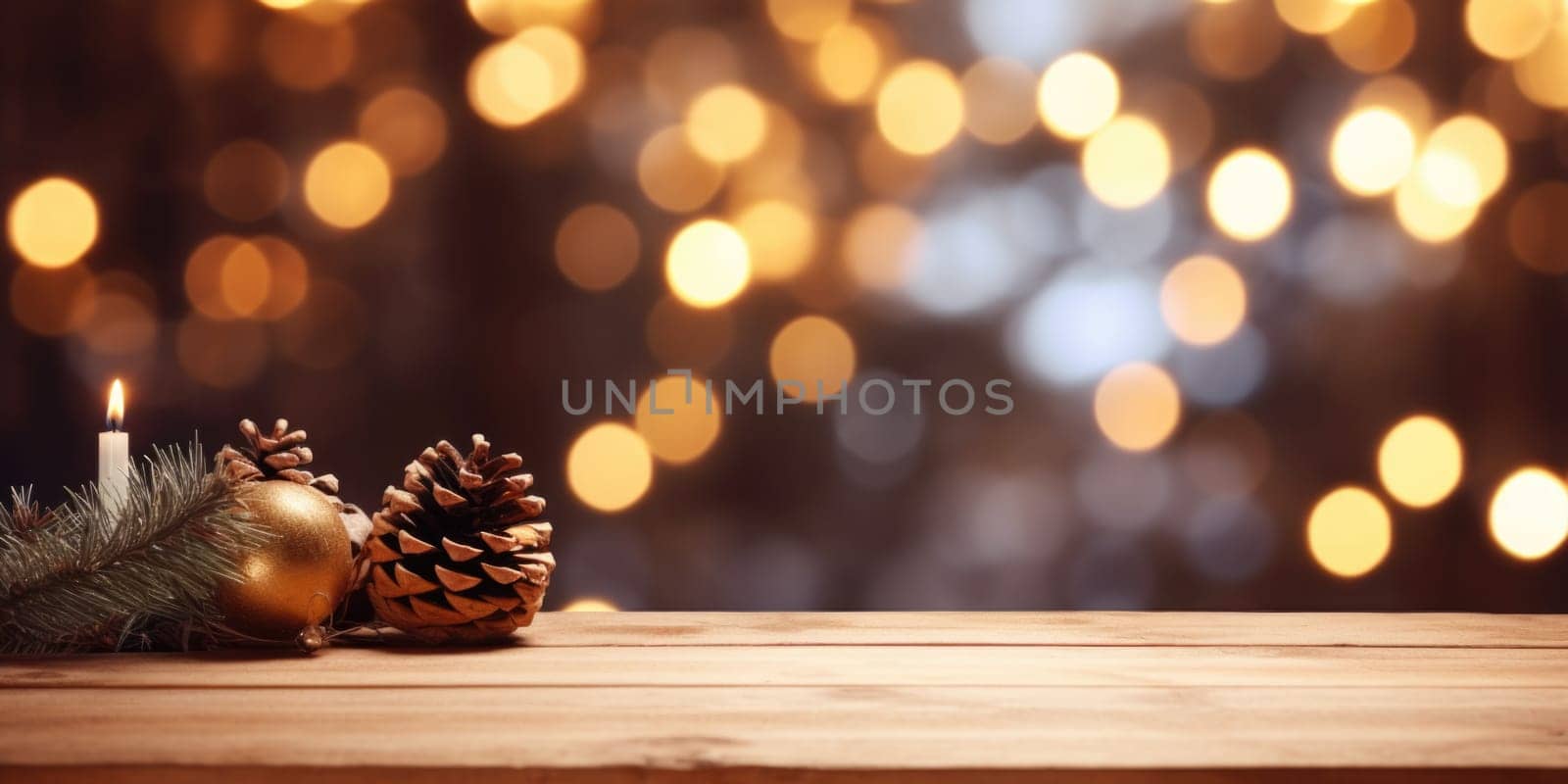 Merry Christmas and Happy New Year background with empty wooden table over Christmas tree and blurred light bokeh. Empty display for product placement. Rustic vintage Xmas 2024 background. comeliness