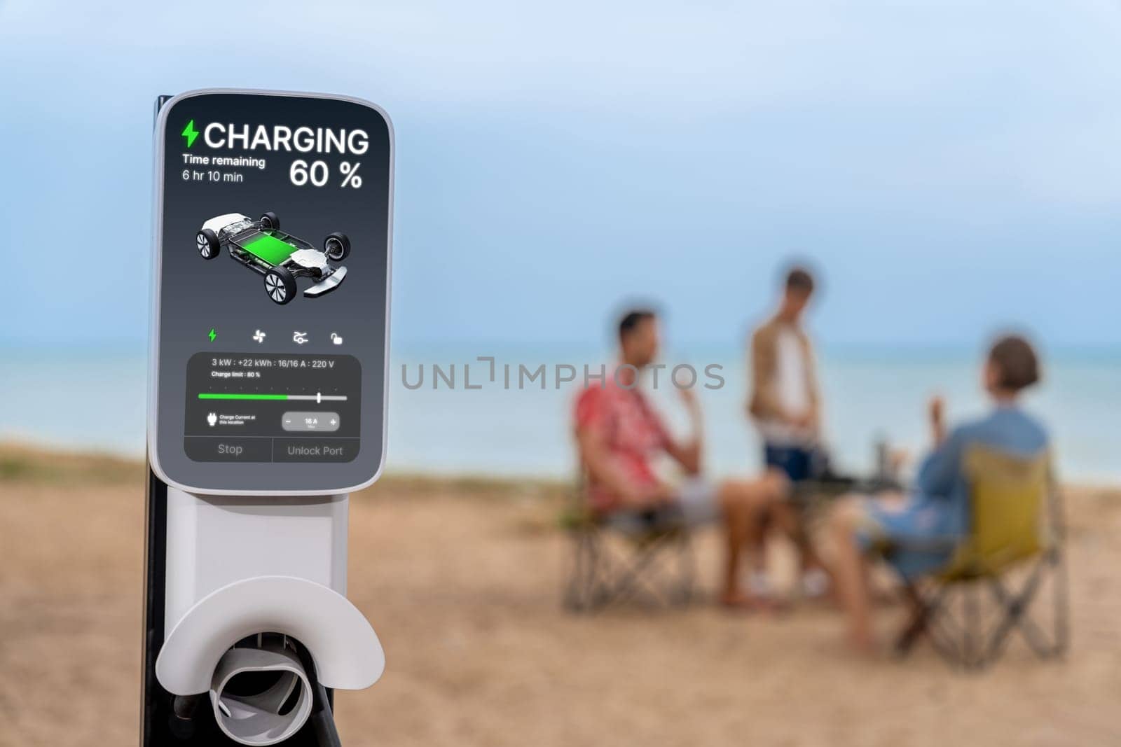 Alternative family vacation trip traveling by the beach with electric car recharging battery from EV charging station with blurred family enjoying the seascape background. Perpetual