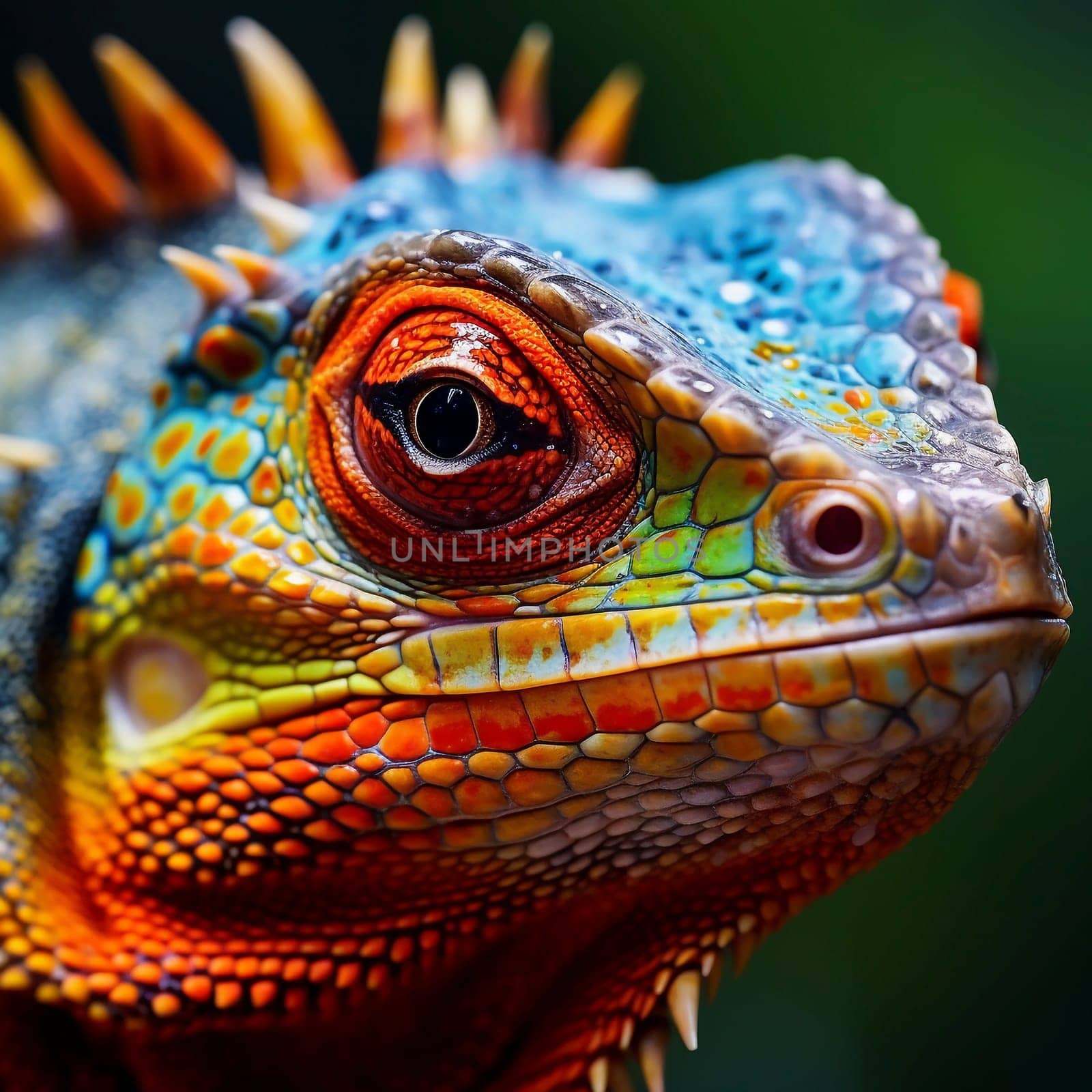 Closeup Portrait Of Beautiful Colorful Iguana. Exotic Reptile, Wild Animal. Pet. AI Generated. High quality illustration