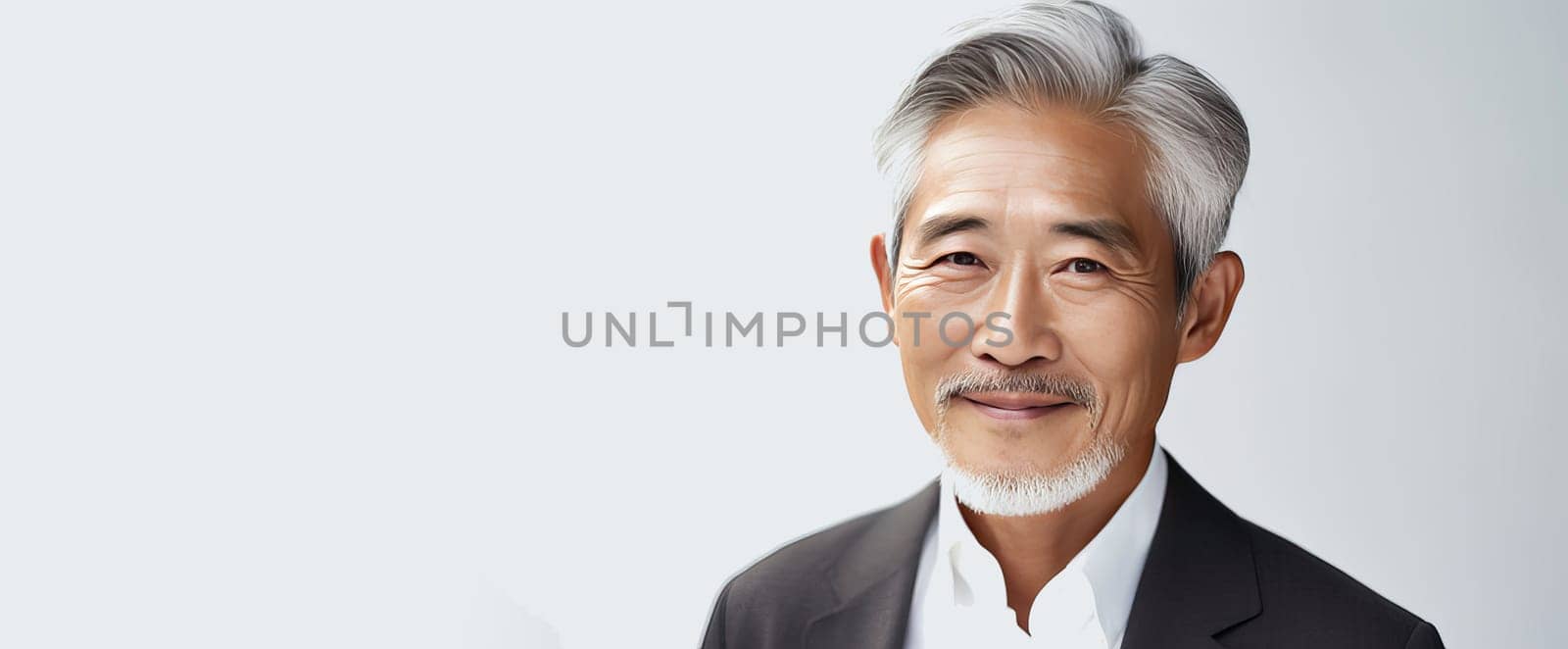 Elegant smiling elderly Asian man with gray hair, on a white background, banner, copy space, portrait. Advertising of cosmetic products, spa treatments, shampoos and hair care products, dentistry and medicine, perfumes and cosmetology for men