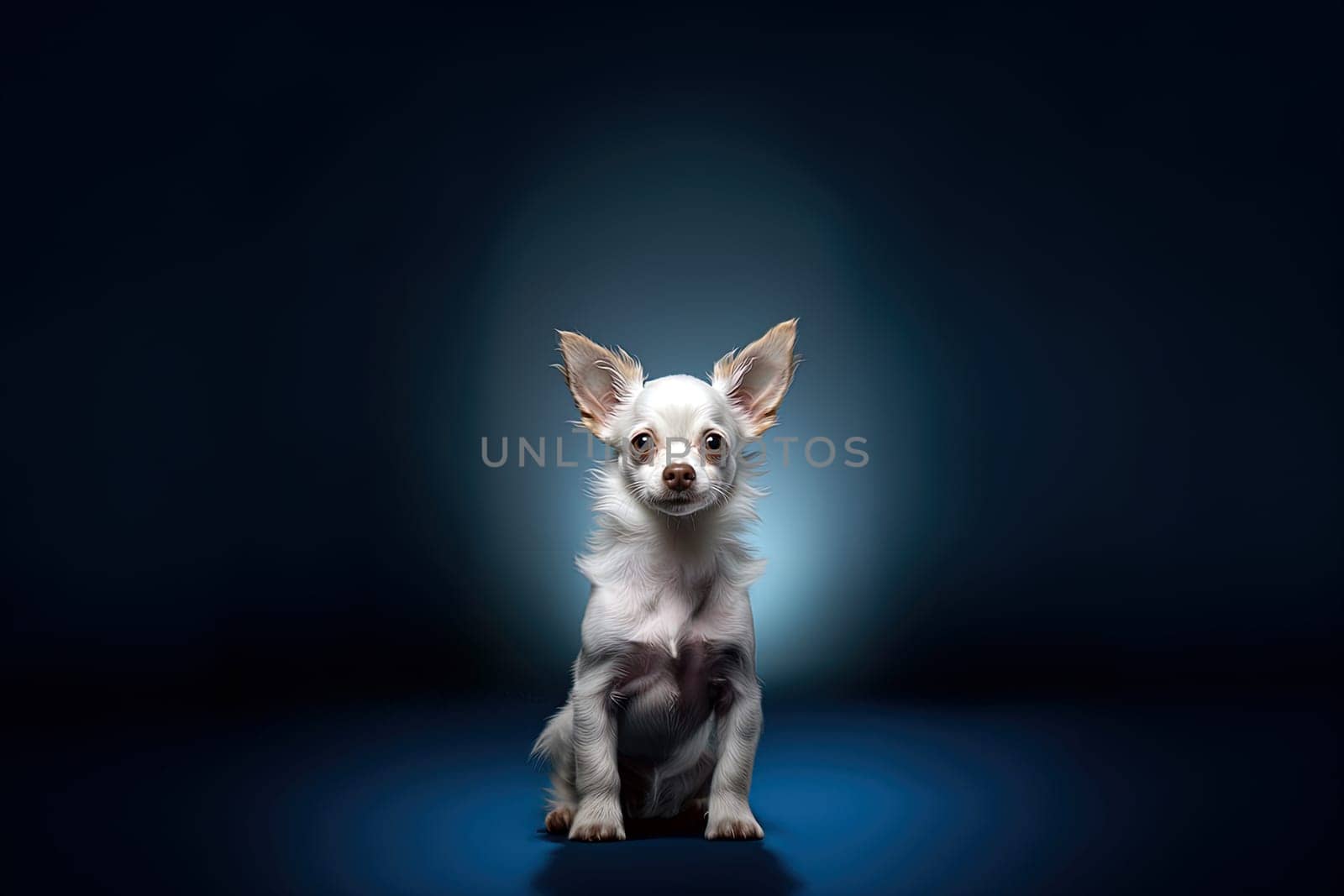 Portrait of a white chihuahua on a dark neutral background, cropped photo, studio light. Ai generative art