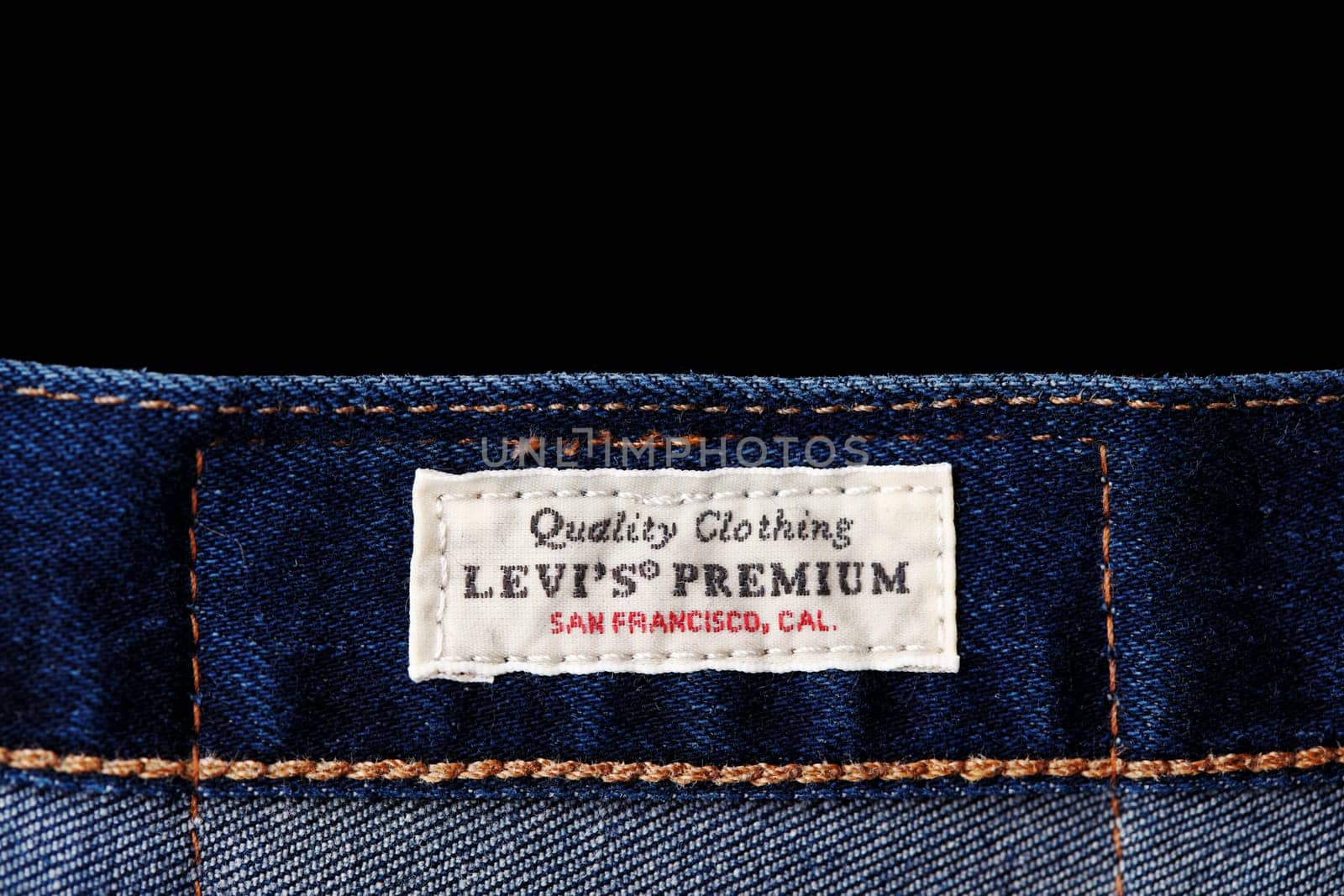 Close up of the details of new LEVI'S 501 Jeans. label and patch LEVI'S. Classic jeans model. LEVI'S is a brand name of Levi Strauss and Co, founded in 1853. 31.12.2021, Rostov, Russia.