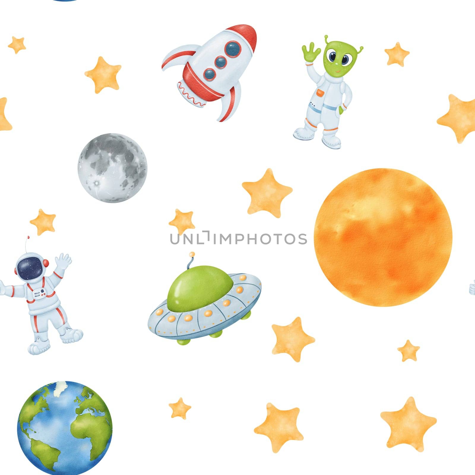 seamless watercolor pattern. starry sky. yellow stars, Earth, a whimsical astronaut an alien UFO, rocket, moon, and sun. for wallpapers children's rooms textiles baby clothes and textbook.