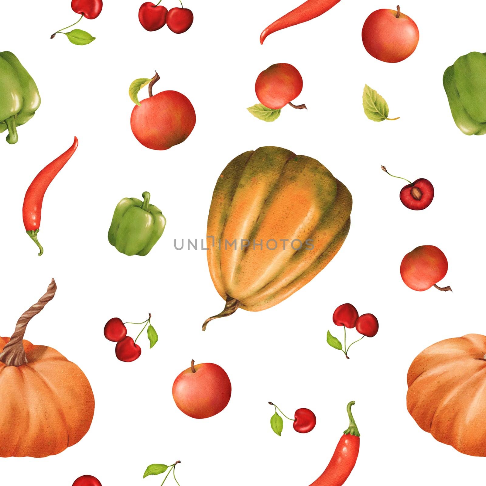 Seamless harvest pattern. pumpkins apples paprika chili peppers, and cherries. Delicious, nutritious vegetables fruits and berries. For kitchen textiles home and garden. Watercolor illustrations