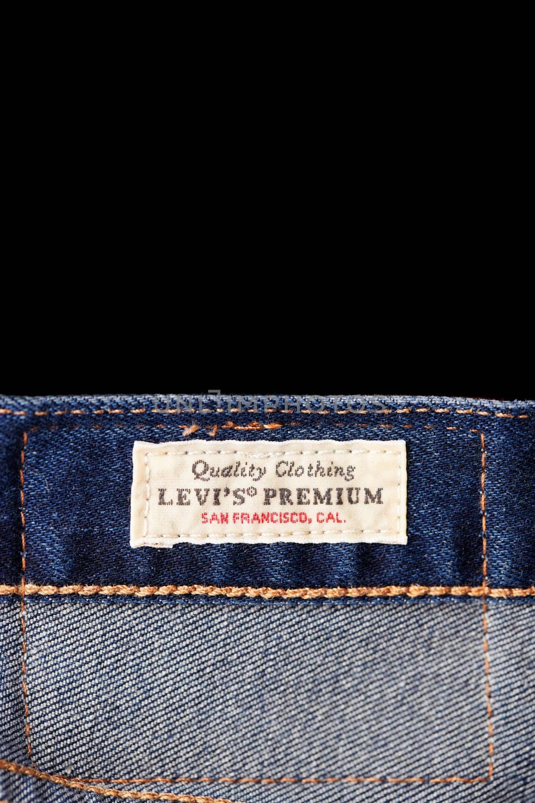 Close up of the details of new LEVI'S 501 Jeans. label and patch LEVI'S. Classic jeans model. LEVI'S is a brand name of Levi Strauss and Co, founded in 1853. 31.12.2021, Rostov, Russia by EvgeniyQW