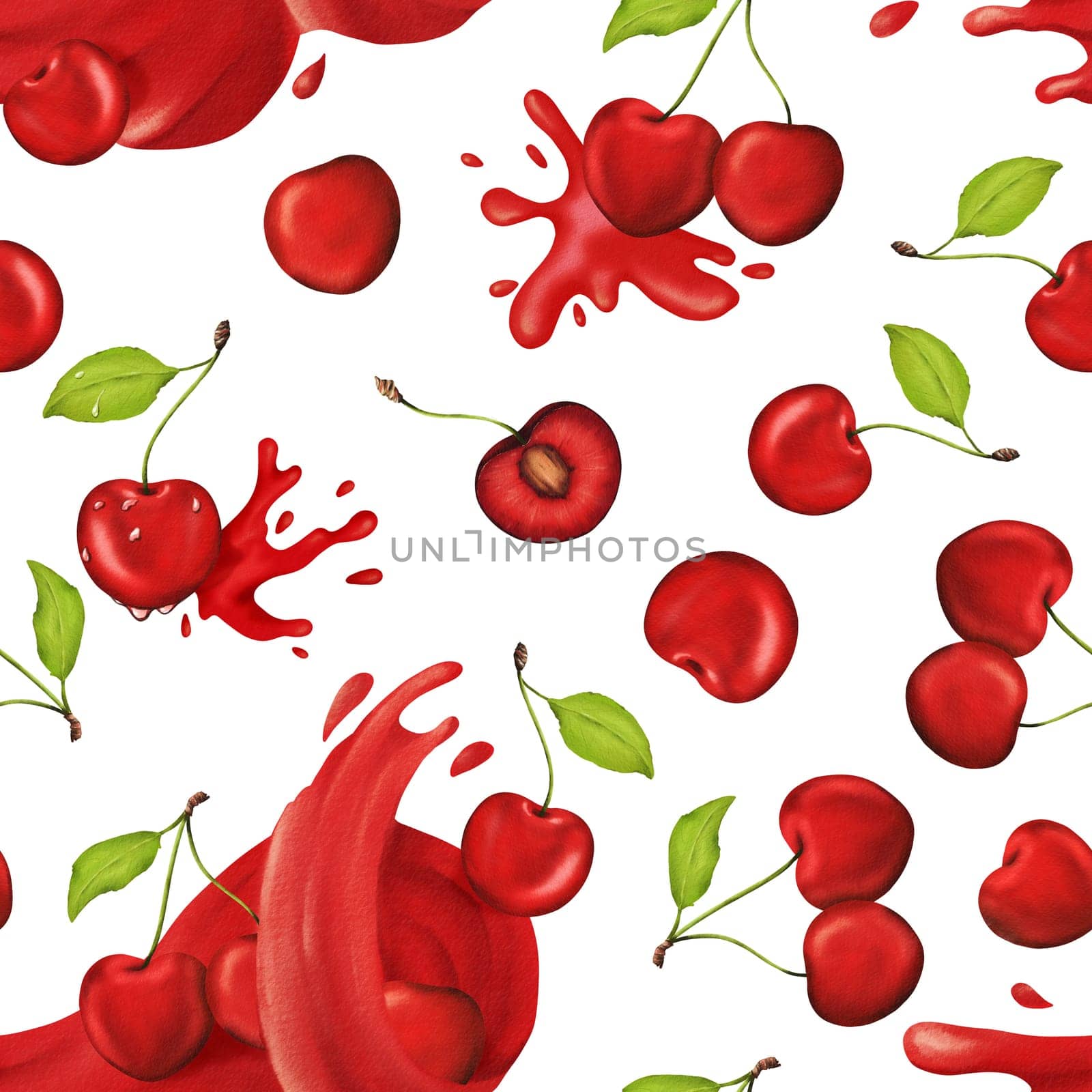 Vibrant, juicy cherries in a seamless watercolor pattern. Ideal for kitchen decor, recipes, textiles, jam labels, aprons, packaging, juices, cherry sweets, and gum by Art_Mari_Ka