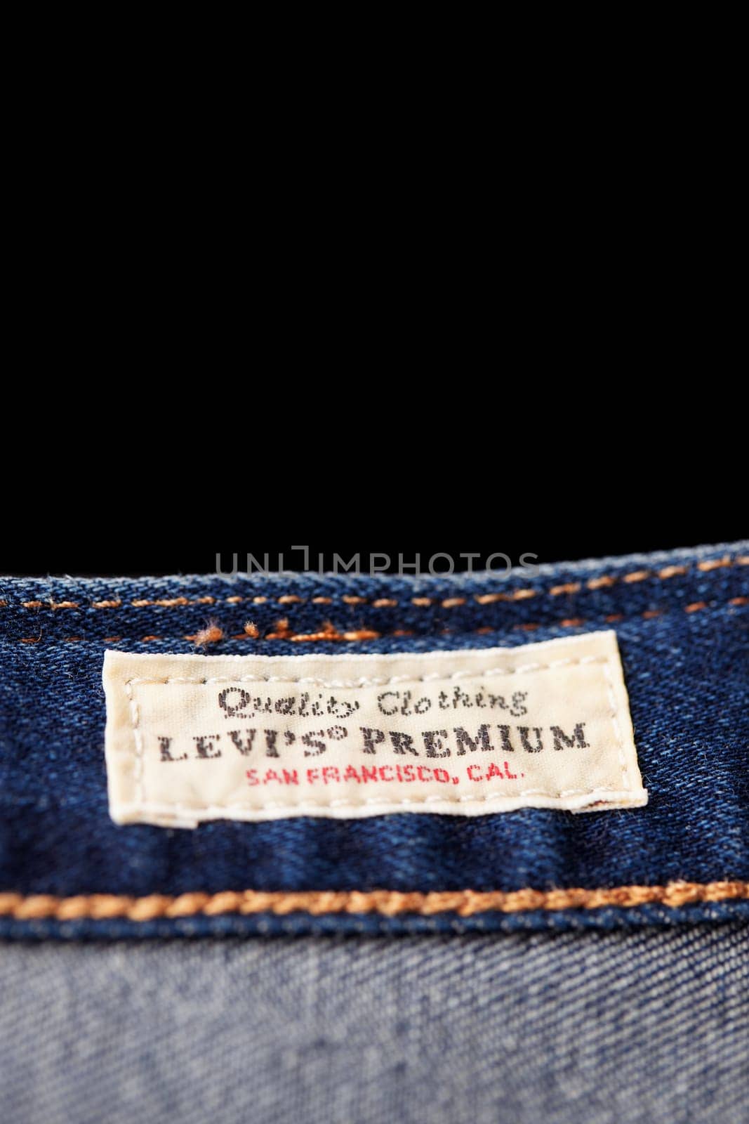Close up of the details of new LEVI'S 501 Jeans. label and patch LEVI'S. Classic jeans model. LEVI'S is a brand name of Levi Strauss and Co, founded in 1853. 31.12.2021, Rostov, Russia by EvgeniyQW