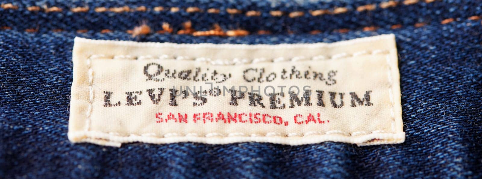 Close up of the details of new LEVI'S 501 Jeans. label and patch LEVI'S. Classic jeans model. LEVI'S is a brand name of Levi Strauss and Co, founded in 1853. 31.12.2021, Rostov, Russia.