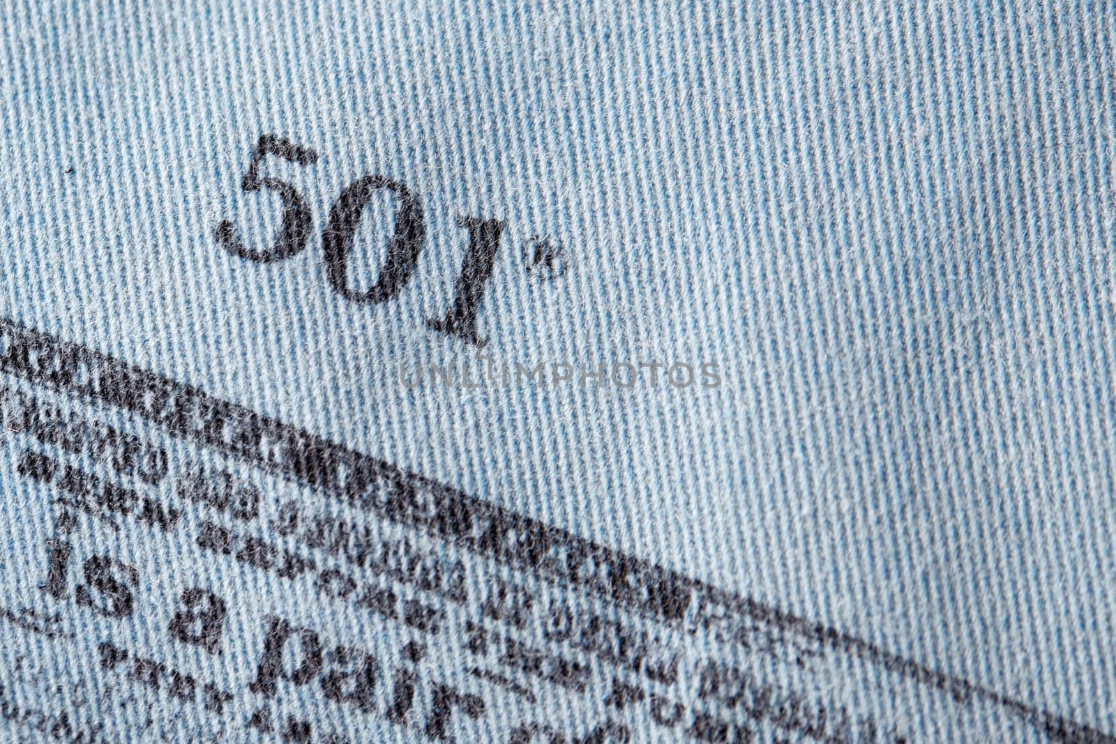 Close up of the details of new LEVI'S 501 Jeans on the inside. label and stamp LEVI'S. Classic jeans model Levi Strauss on the underside of the textile. 31.12.2021, Rostov, Russia.