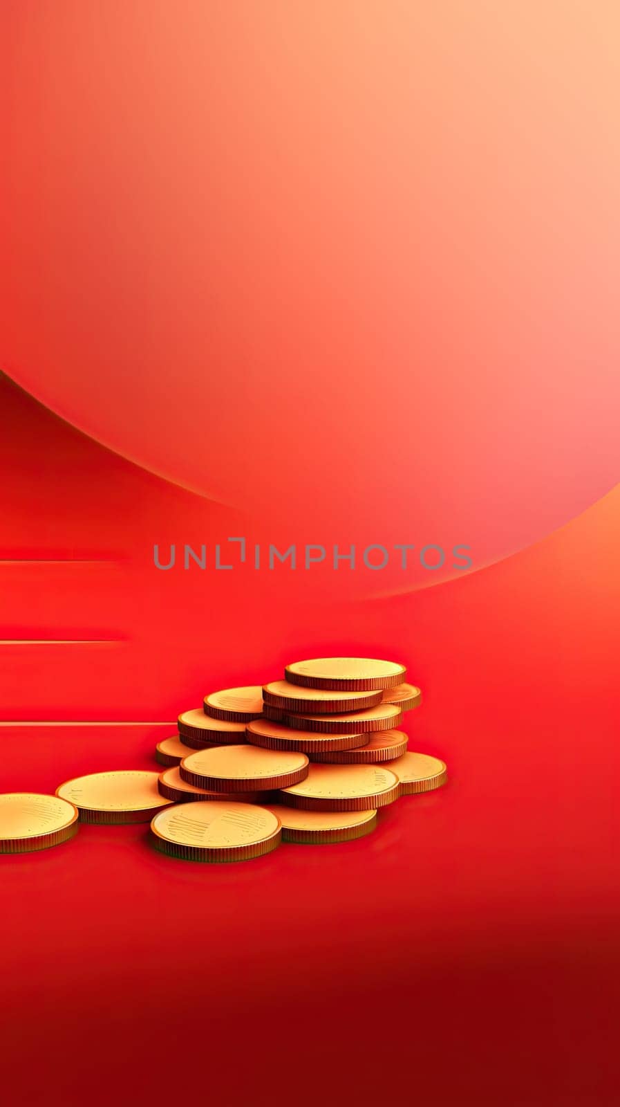 Abstract chinese background with golden coins isolated on red with copy space.