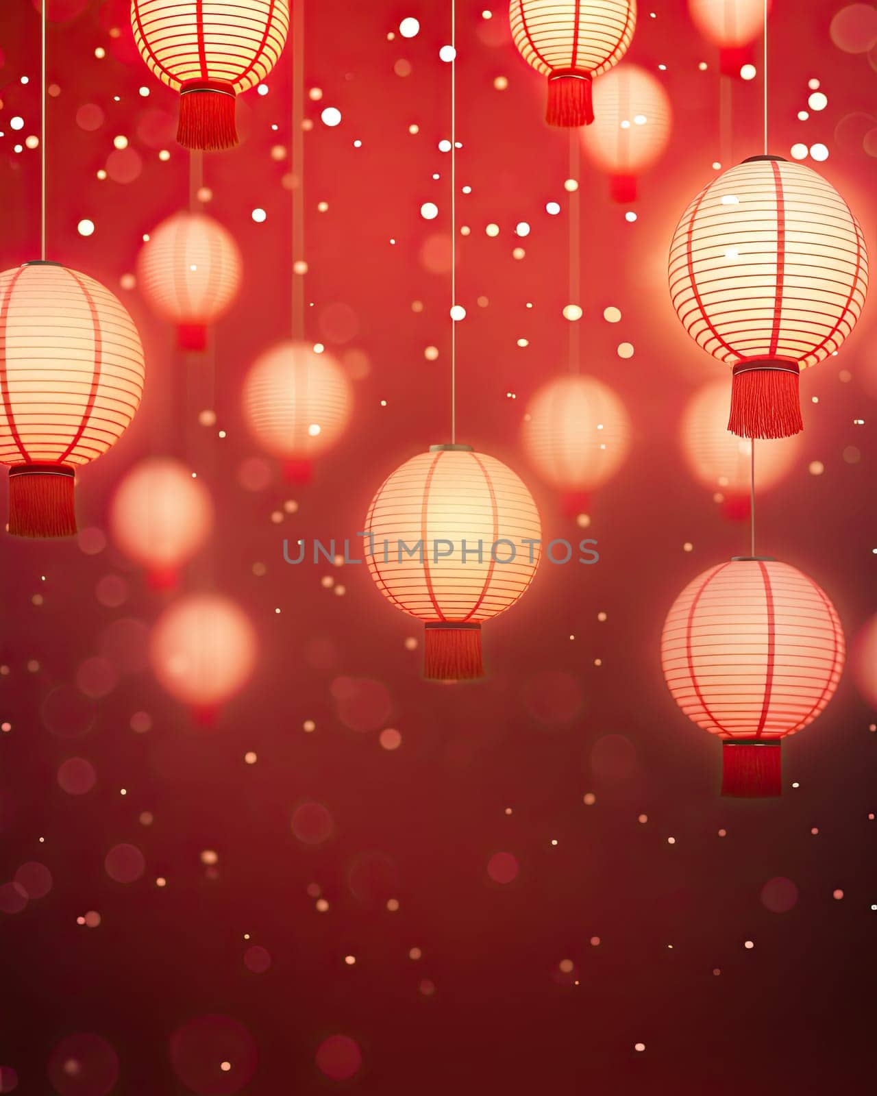 Chinese red traditional hanging paper lighted glowing lanterns on red background. Happy Chinese New Year concept.