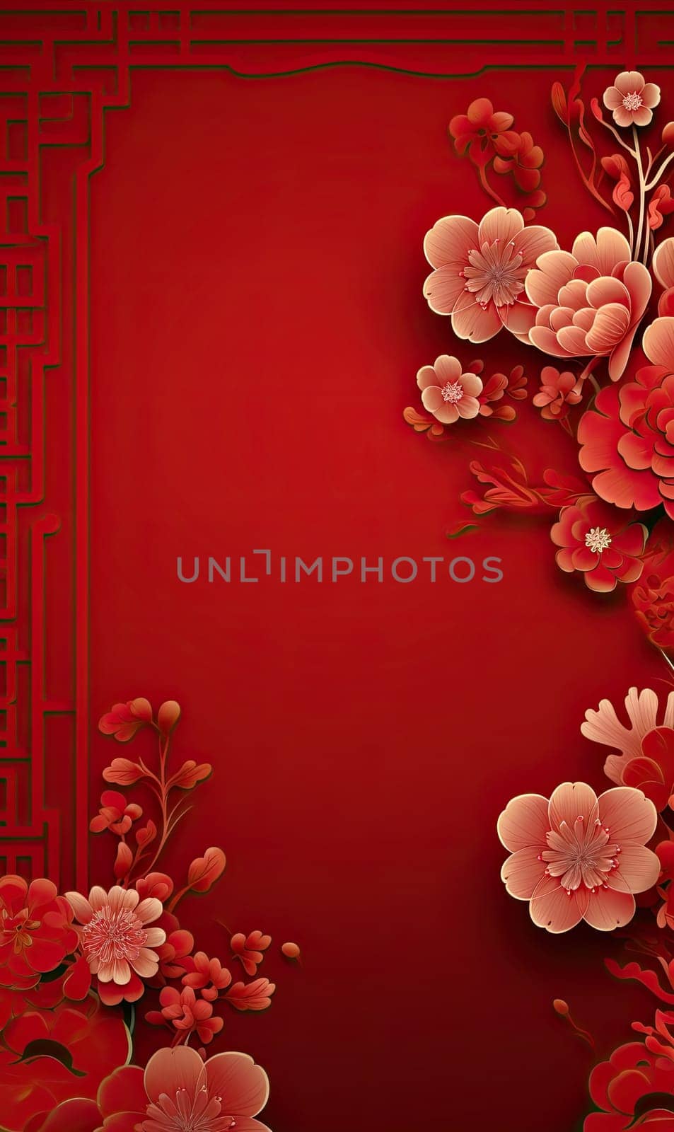 Flowers on red background. Copy space. Mockup for Chinese New Year by papatonic