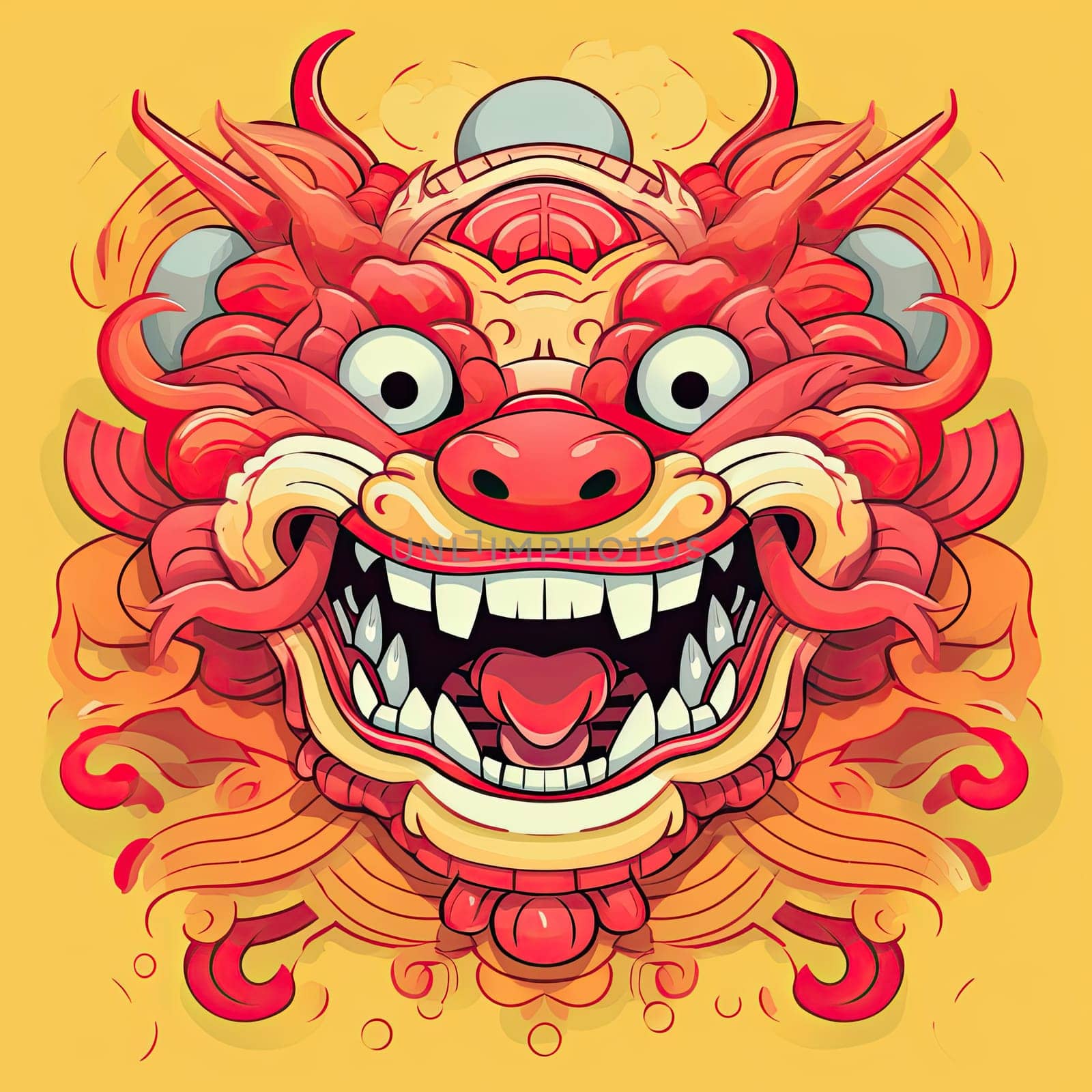 Close up of dragon new year 2024 cartoon illustration isolated on yellow background, Chinese eastern calendar.
