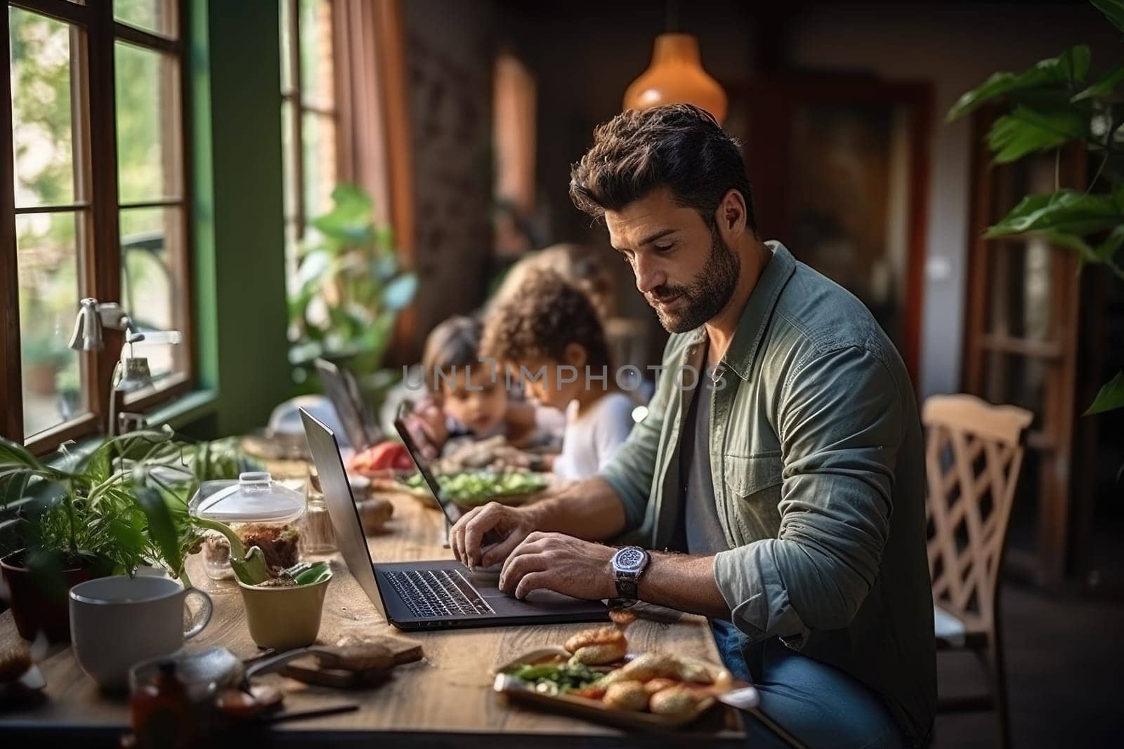 Family Man using laptop while waiting for food at home. Generative AI by itchaznong