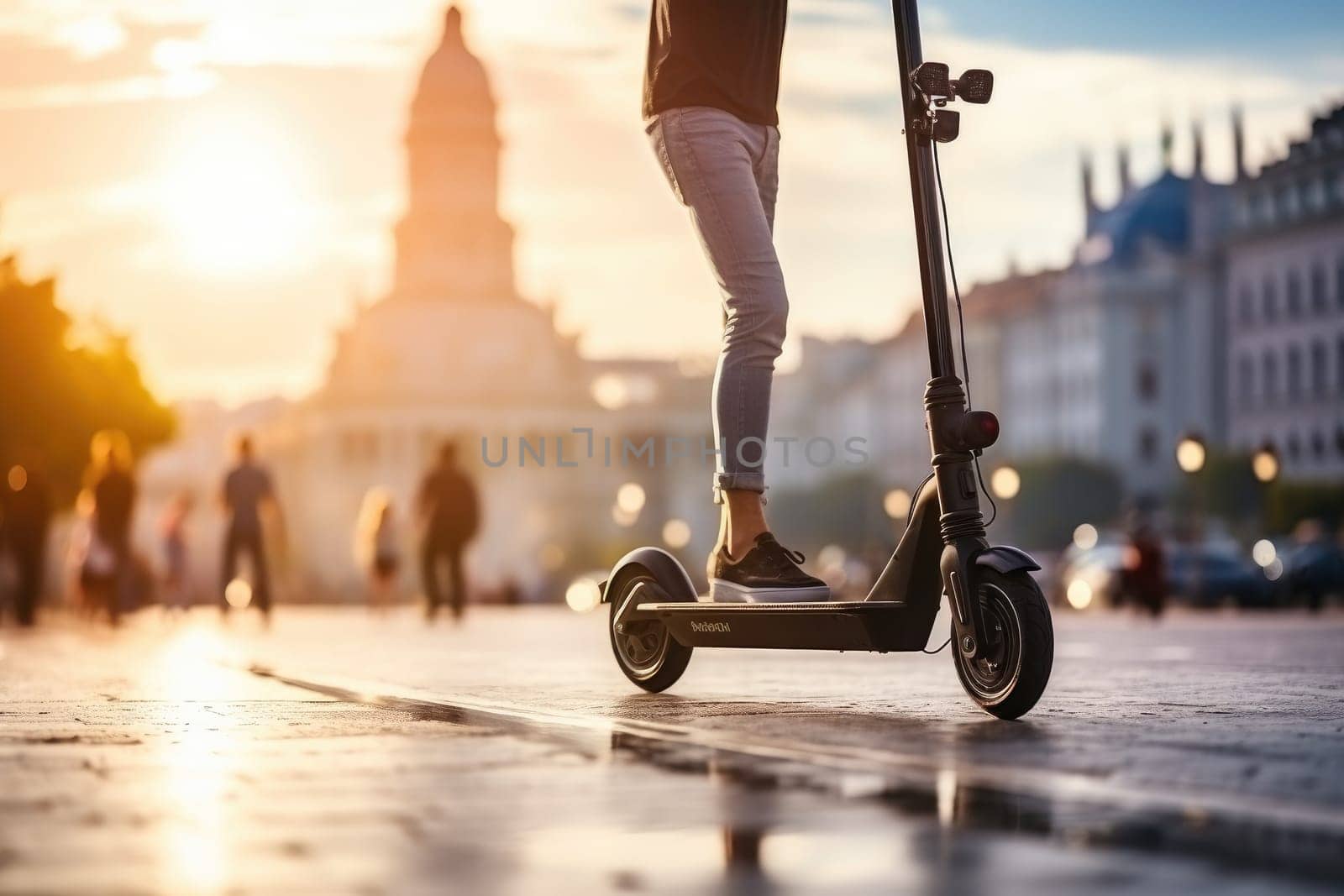 Person using scooter in the city traveling on eco friendly and sustainable transport. Generative AI.