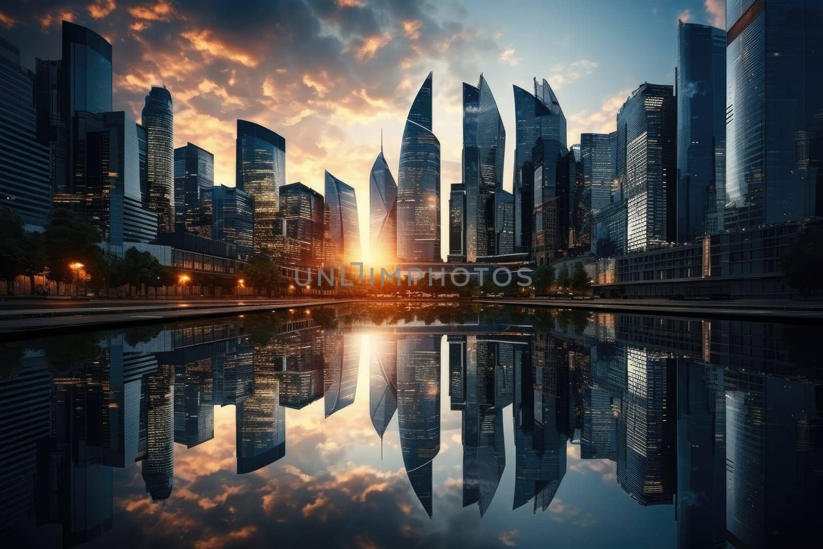 Skyscrapers in the center business park district. Business landscape background. Generative AI by itchaznong