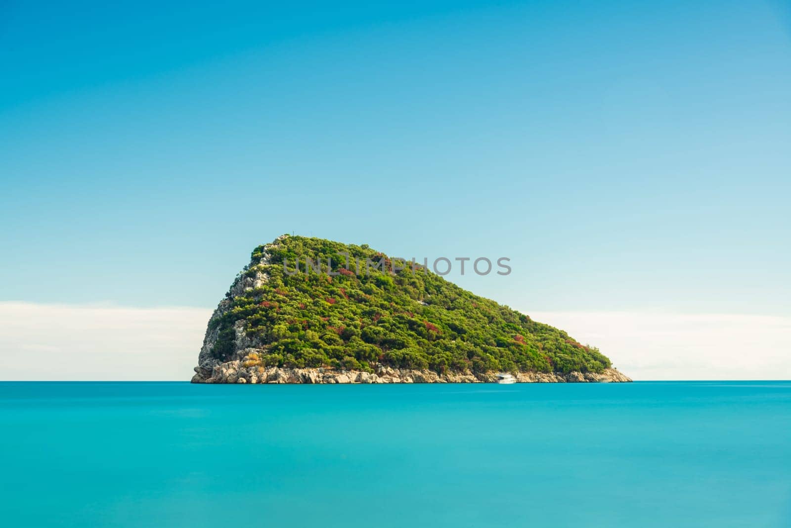 Long exposure photo of Antalya Sican Island with the beach