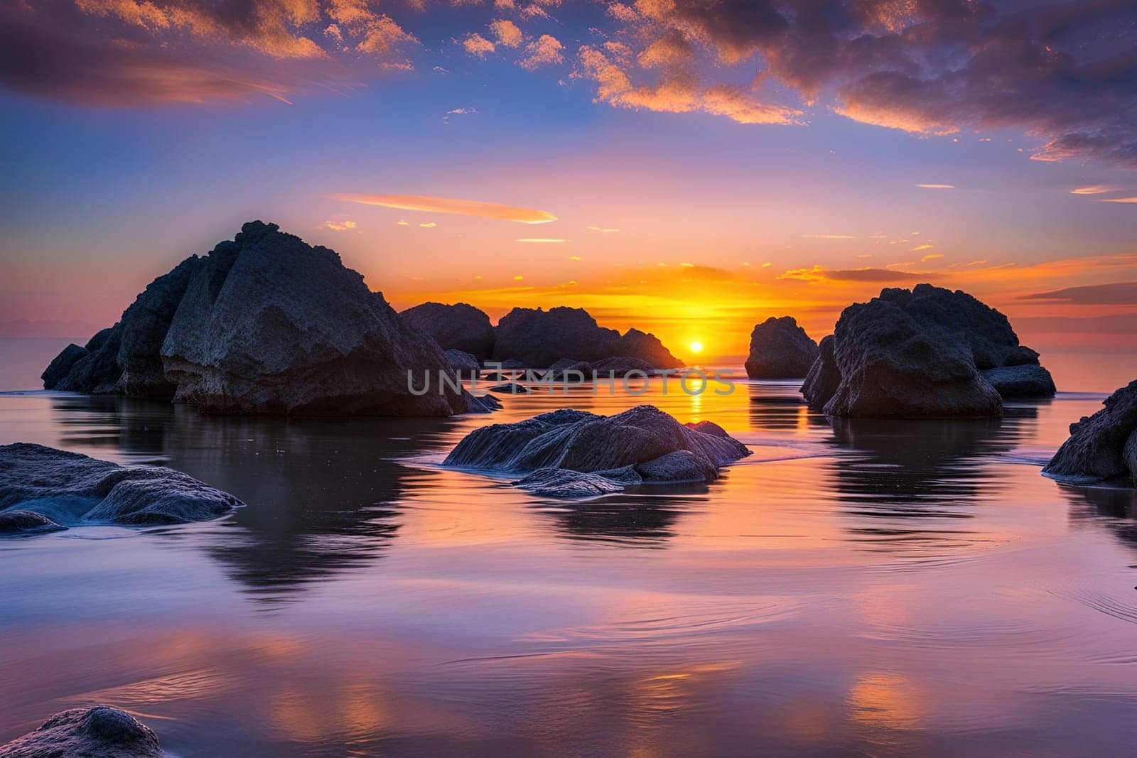 Sunset over the sea with stones on the foreground. Reflections.Sunset over the sea with stones in the foreground and reflection in water.