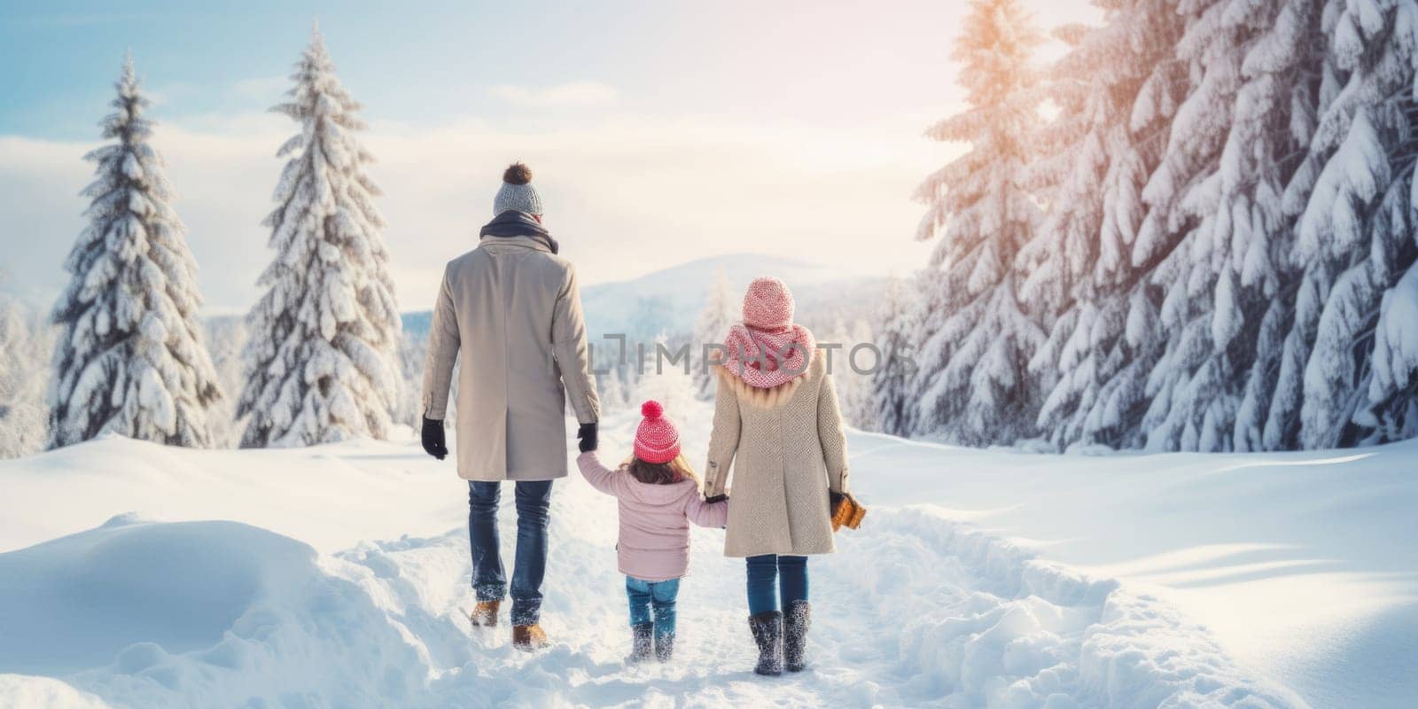 Happy family Father, mother and children are having fun and playing on snowy winter walk in nature. comeliness