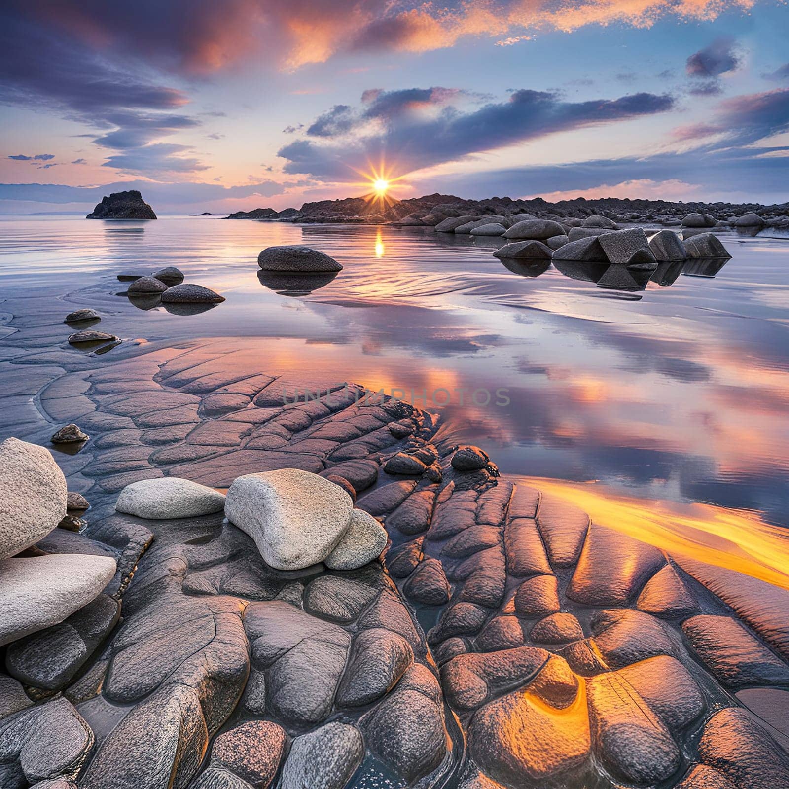 Sunset over the sea with stones on the foreground. Reflections.Sunset over the sea with stones in the foreground and reflection in water.