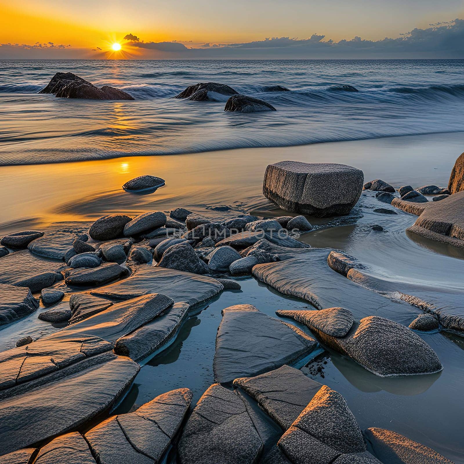 Sunset over the sea with stones on the foreground. Reflections.Sunset over the sea with stones in the foreground and reflection in water.