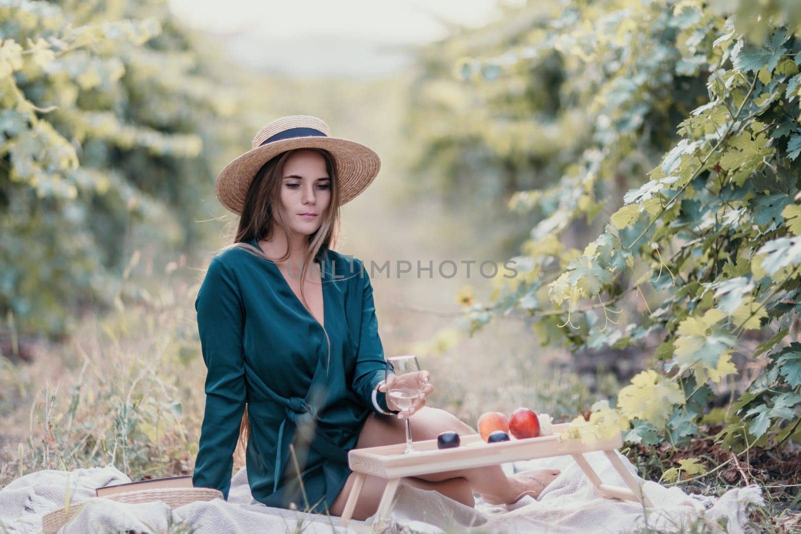 Woman picnic vineyard. Happy woman with a glass of wine at a picnic in the vineyard, wine tasting at sunset and open nature in the summer. Romantic dinner, fruit and wine. by panophotograph