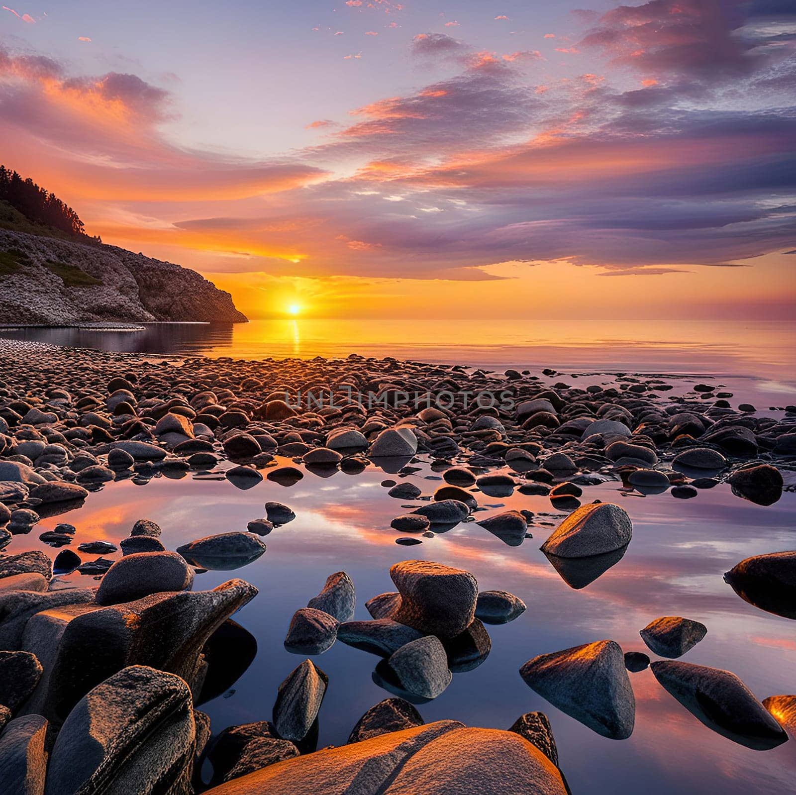 Sunset over the sea with stones on the foreground. by yilmazsavaskandag