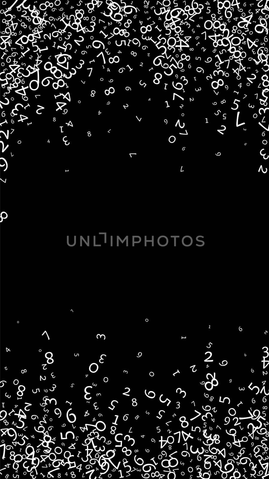 Falling numbers, big data concept. Binary white messy flying digits. Favorable futuristic banner on black background. Digital illustration with falling numbers.