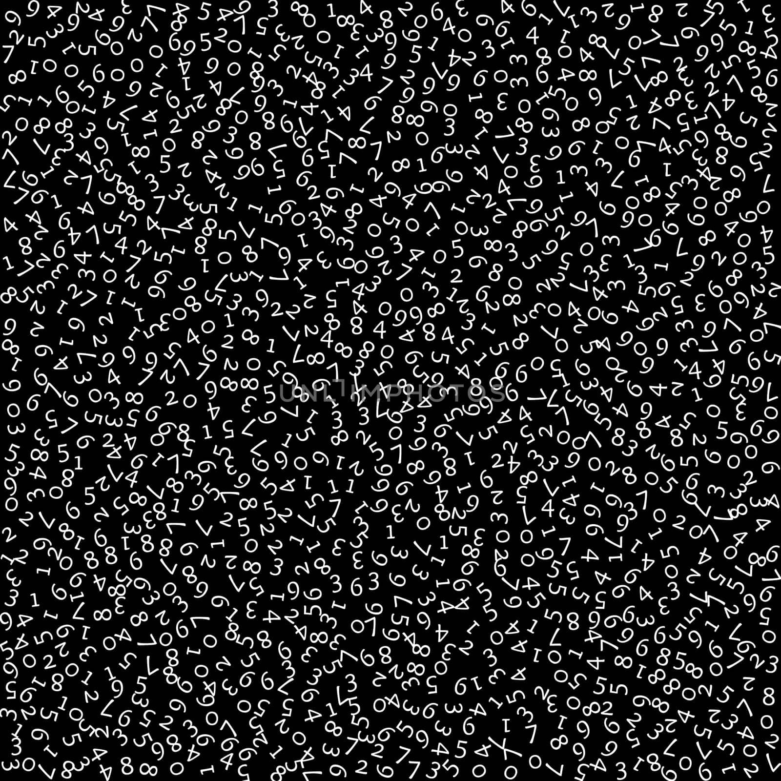 Falling numbers, big data concept. Binary white random flying digits. Unique futuristic banner on black background. Digital illustration with falling numbers.