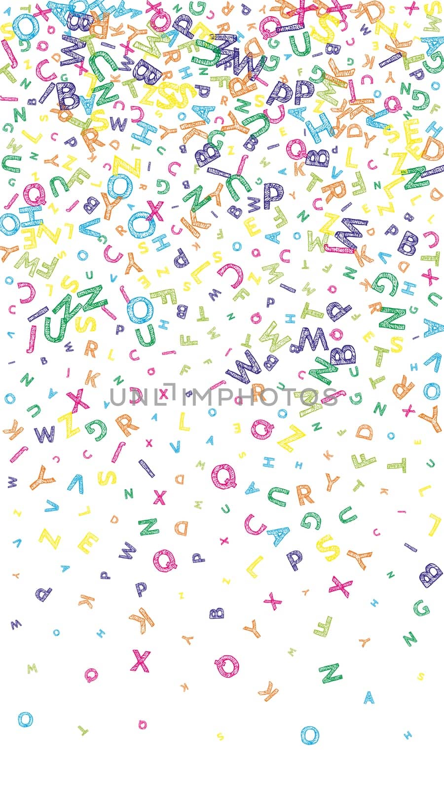 Falling letters of English language. Colorful messy sketch flying words of Latin alphabet. Foreign languages study concept. Ravishing back to school banner on white background.