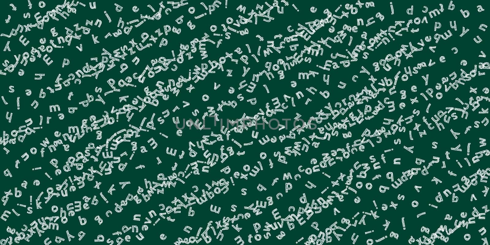 Falling letters of English language. Childish chalk flying words of Latin alphabet. Foreign languages study concept. Cool back to school banner on blackboard background.