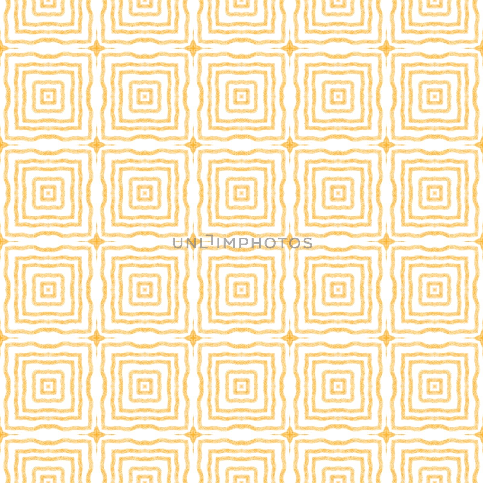 Tiled watercolor pattern. Yellow symmetrical kaleidoscope background. Textile ready pretty print, swimwear fabric, wallpaper, wrapping. Hand painted tiled watercolor seamless.