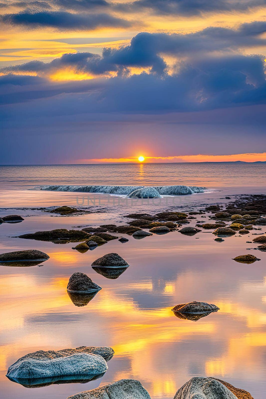 Sunset over the sea with stones on the foreground. by yilmazsavaskandag