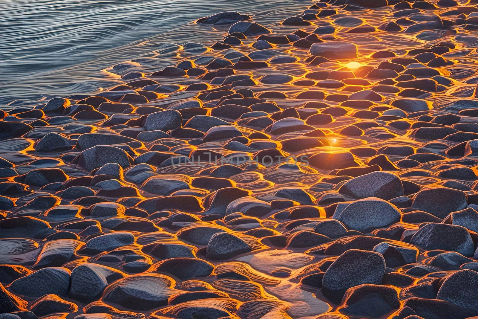 Sunset over the sea with stones on the foreground. Reflections.Sunset over the sea with stones in the foreground and reflection in water.