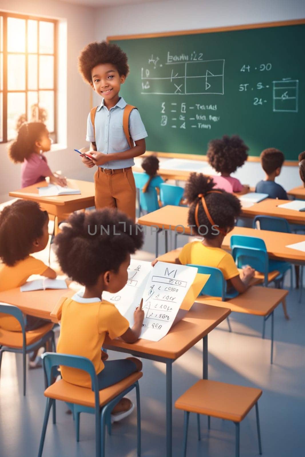 students and pupil in lesson at school in a classroom, bright dayligh, in uniform illustration generative ai art