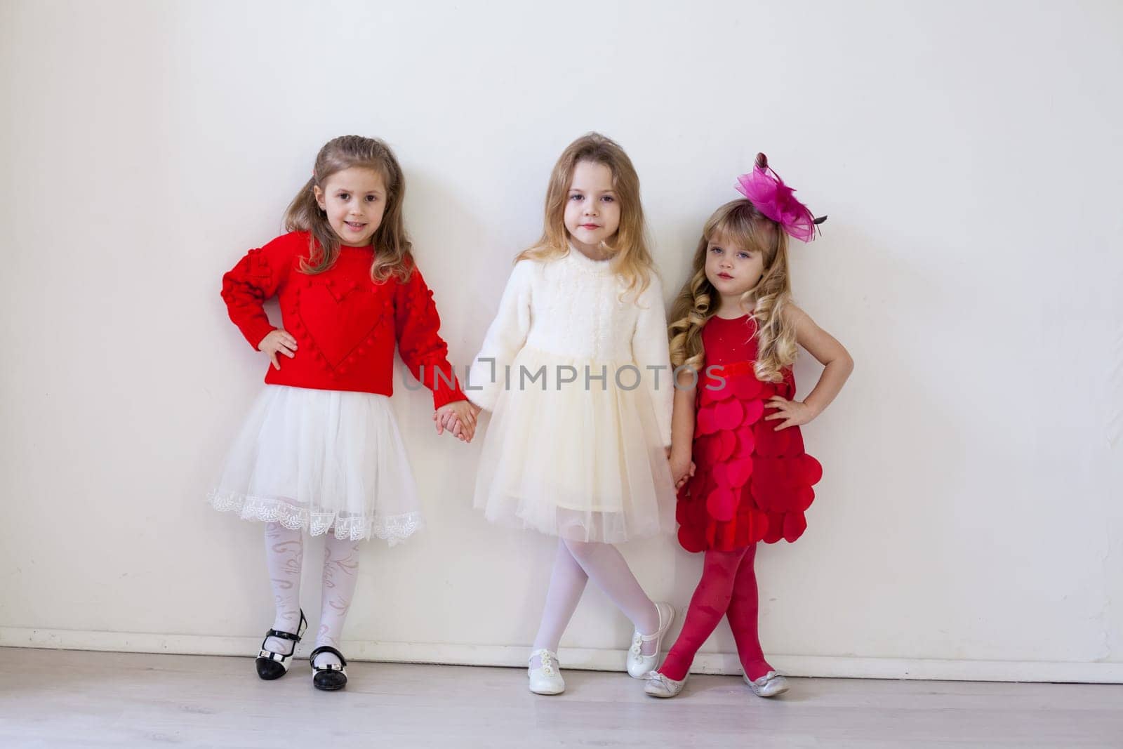 a elegant little girls posing on a white background indoors