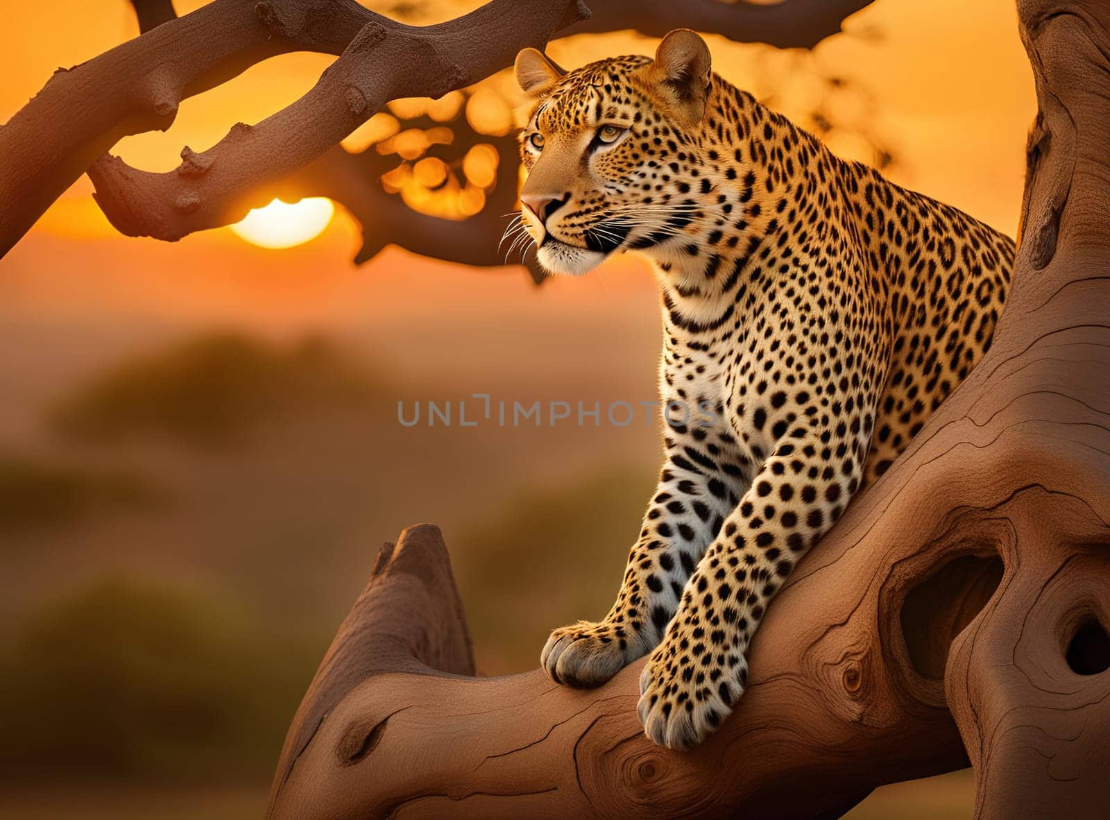 Leopard resting on a tree branch at sunset in the African savannah.Leopard sitting on a tree branch at sunset. Leopard lying on a tree branch in the sunset light. Animal portrait.Leopard sitting on a tree trunk at sunset. African wildlife.