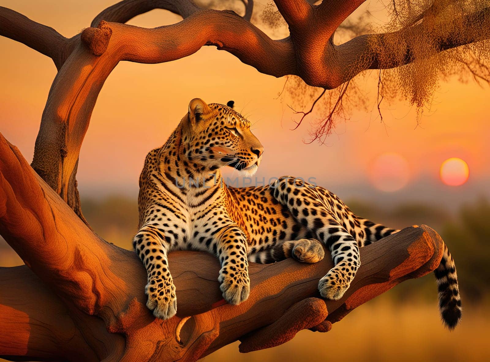 Leopard resting on a tree branch at sunset in the African savannah.Leopard sitting on a tree branch at sunset. Leopard lying on a tree branch in the sunset light. Animal portrait.Leopard sitting on a tree trunk at sunset. African wildlife.