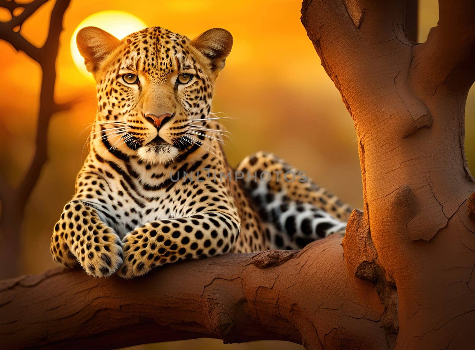 Leopard resting on a tree branch at sunset in the African savannah by yilmazsavaskandag