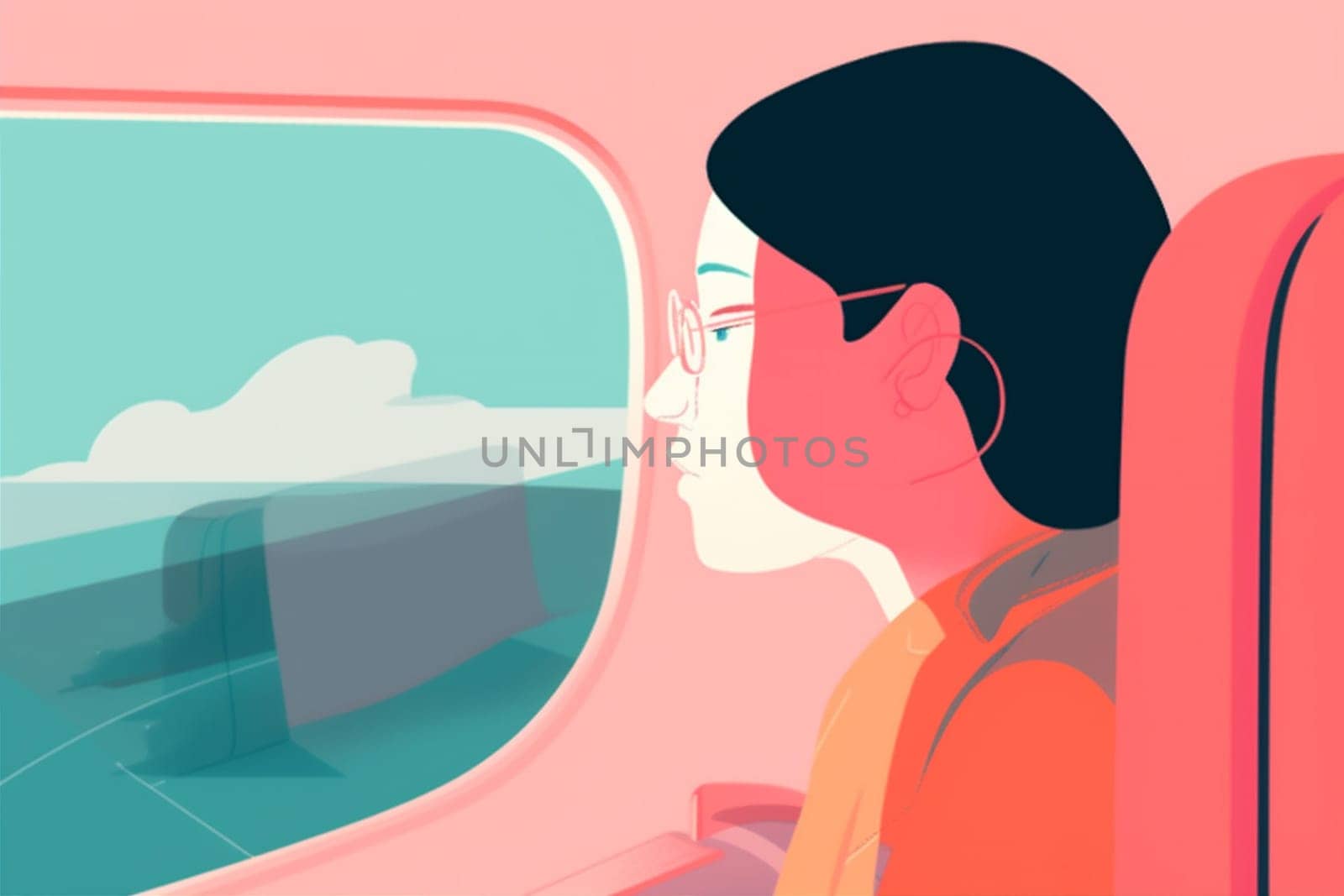 woman passenger flight journey character seat sitting window plane transportation trip. Generative AI. by Vichizh